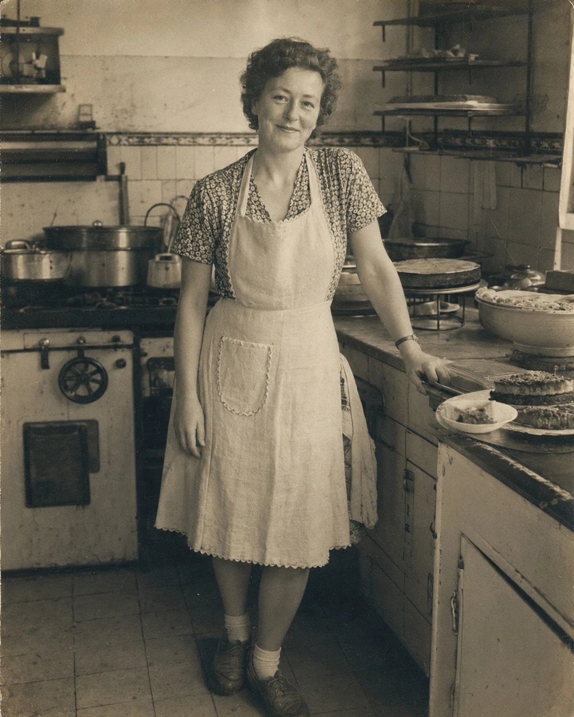 Oma Truus als jonge banketbakker in de bakkerij, decennia geleden