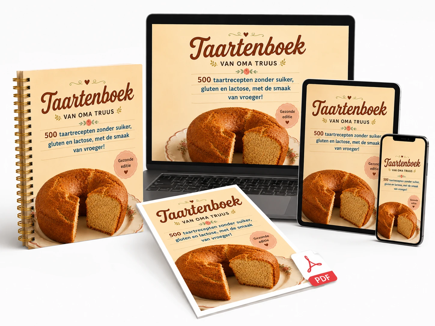 Mockup van het Taartenboek van Oma Truus op boek, telefoon, laptop en tablet