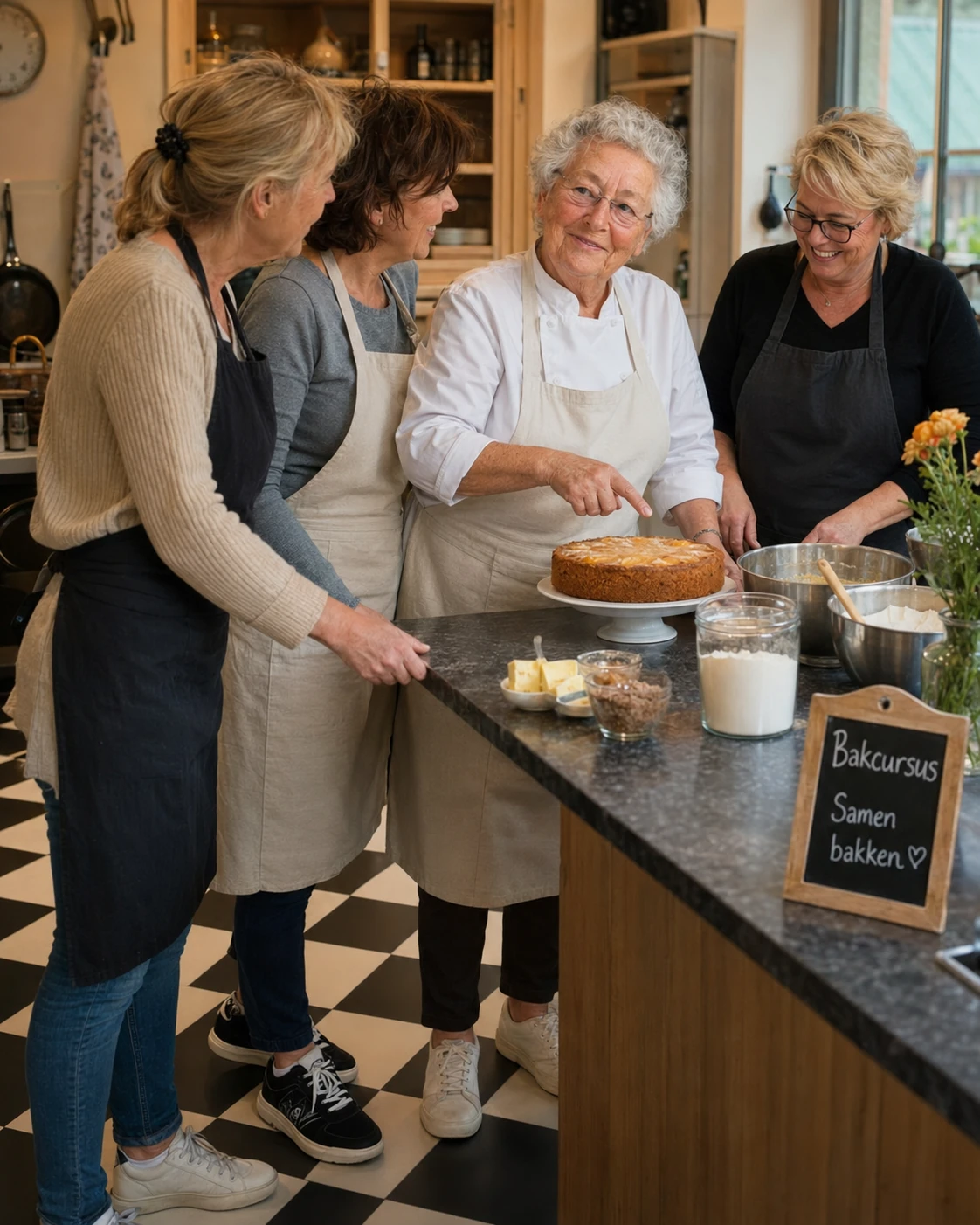 Oma Truus geeft een bakcursus en deelt haar kennis met leerlingen