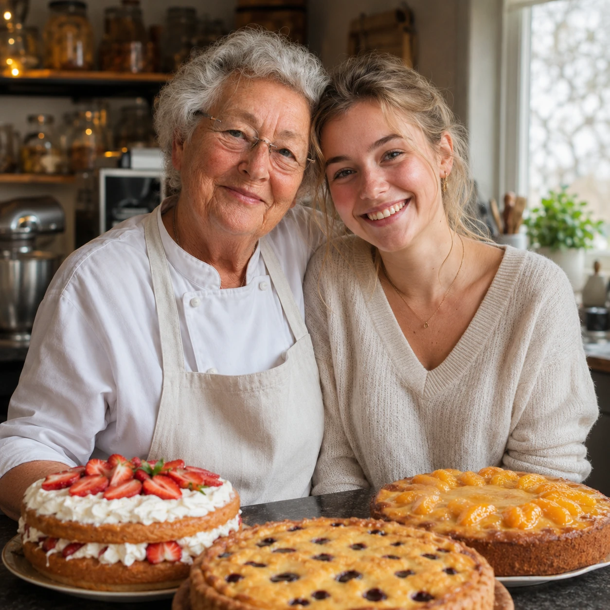 Oma Truus samen met haar kleindochter Talia, omringd door zelfgemaakte taarten