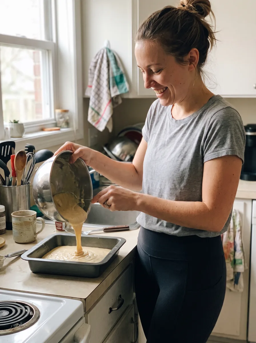 Fitte vrouw bakt een taart met een recept uit het boek