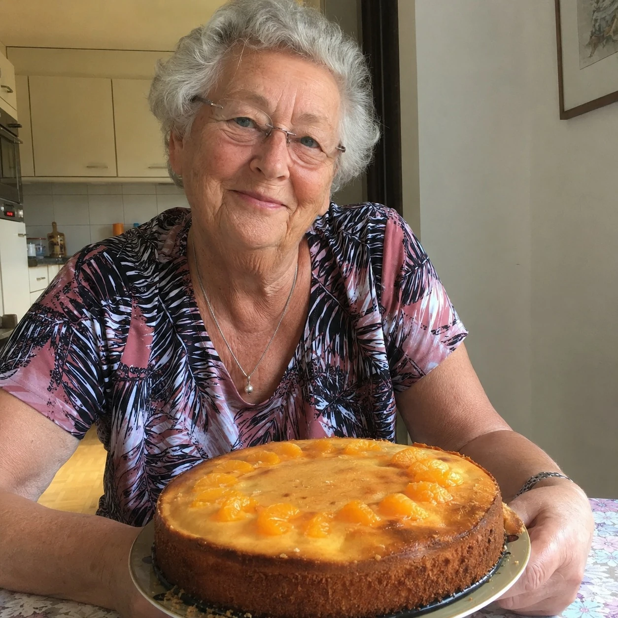 Oma Truus, professioneel banketbakker, lachend in haar keuken